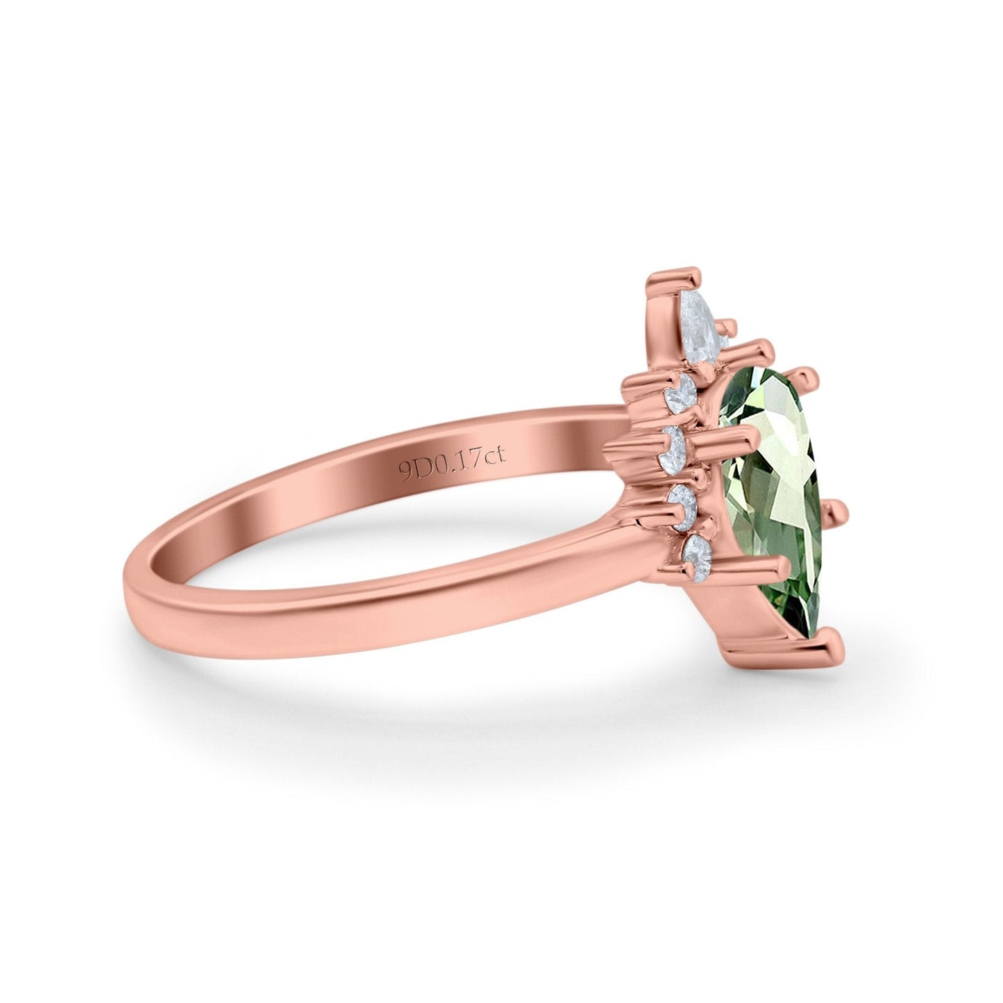 14K Rose Gold 1.5ct Teardrop Art Deco Pear 9mmx6mm G SI Natural Green Amethyst Diamond Engagement Wedding Ring Size 6.5