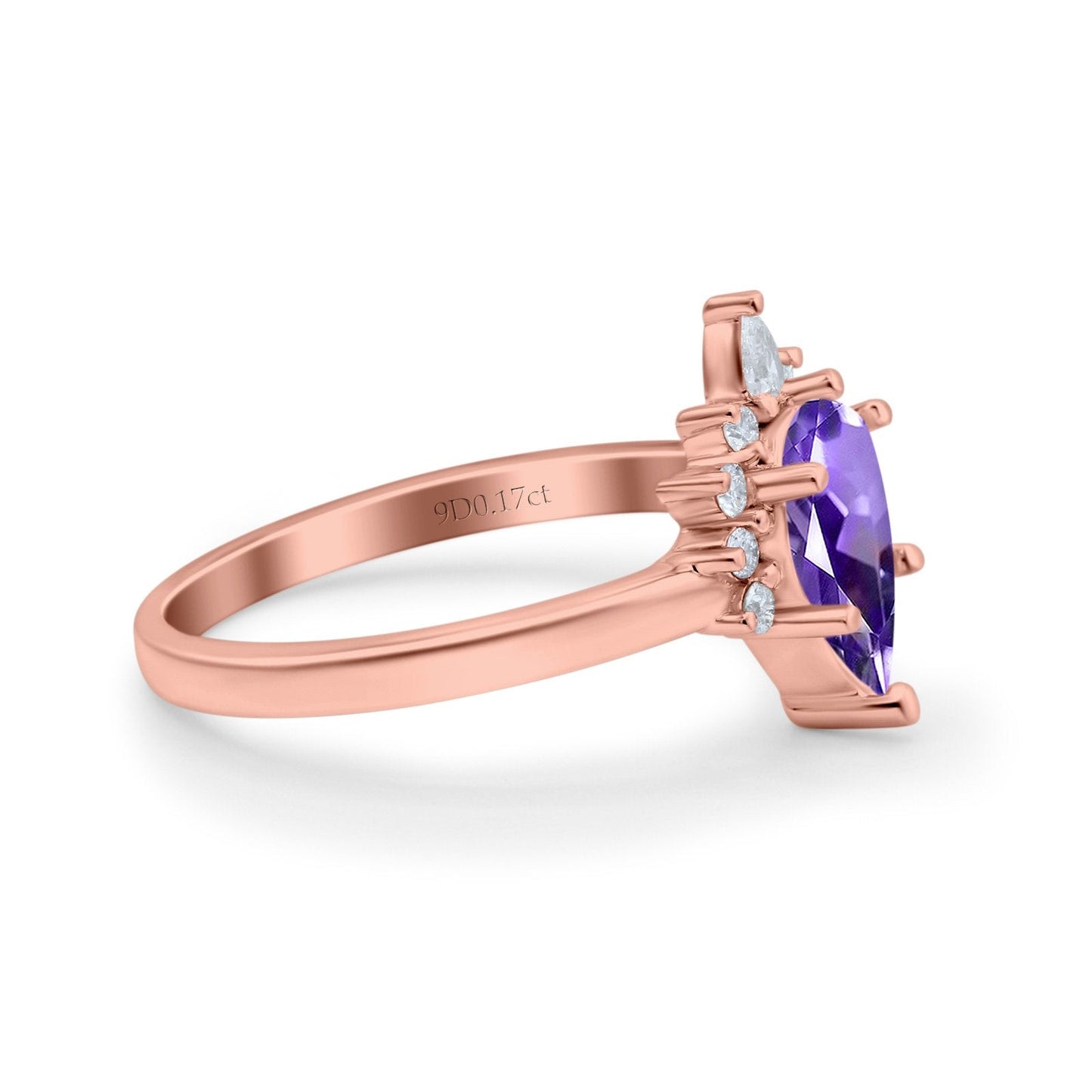 14K Rose Gold 1.5ct Teardrop Art Deco Pear 9mmx6mm G SI Natural Amethyst Diamond Engagement Wedding Ring Size 6.5