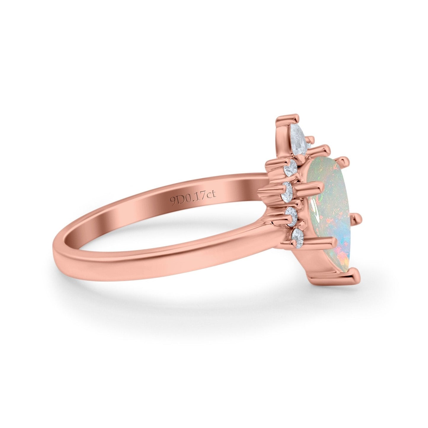 14K Rose Gold 0.17ct Teardrop Art Deco Pear 9mmx6mm G SI Natural White Opal Diamond Engagement Wedding Ring Size 6.5