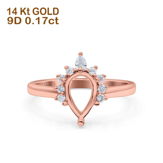 14K Rose Gold 0.17ct Teardrop Art Deco Pear 9mmx6mm G SI Semi Mount Diamond Engagement Wedding Ring