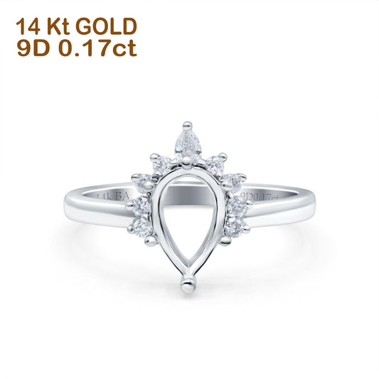 Anillo de compromiso de oro blanco de 14 quilates con diamantes semimontados de 0,17 ct en forma de pera, estilo art déco, de 9 mm x 6 mm y G SI