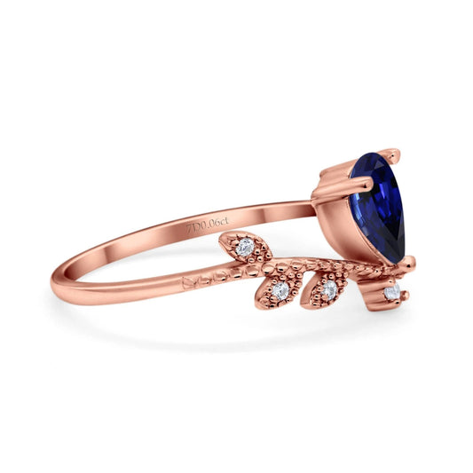 14K Rose Gold Pear Nano Blue Sapphire 0.77ct G SI Diamond Engagement Ring Size 6.5