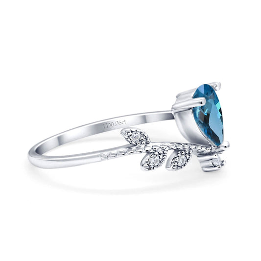 14K White Gold Pear London Blue Topaz 0.77ct G SI Diamond Engagement Ring Size 6.5