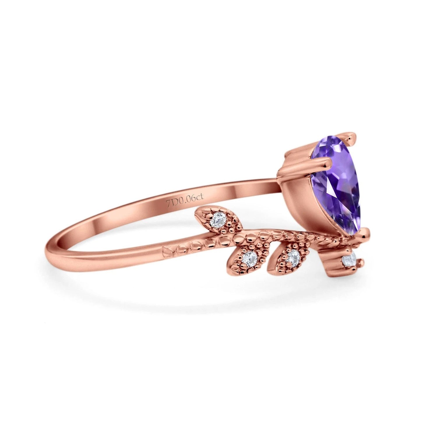 14K Rose Gold Pear Natural Amethyst 0.77ct G SI Diamond Engagement Ring Size 6.5