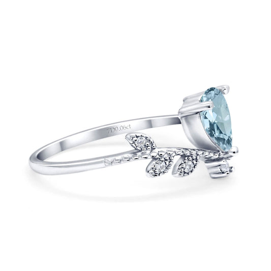 14K White Gold Pear Natural Aquamarine 0.77ct G SI Diamond Engagement Ring Size 6.5