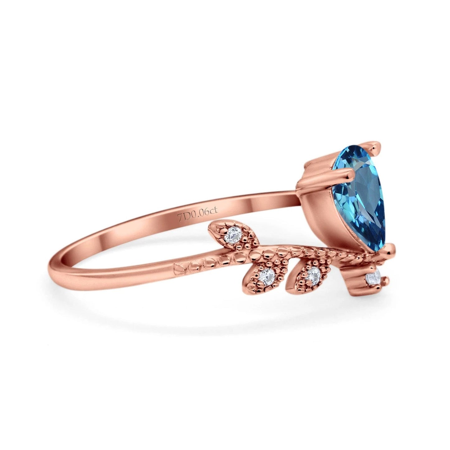 14K Rose Gold Pear Natural Swiss Blue Topaz 0.77ct G SI Diamond Engagement Ring Size 6.5