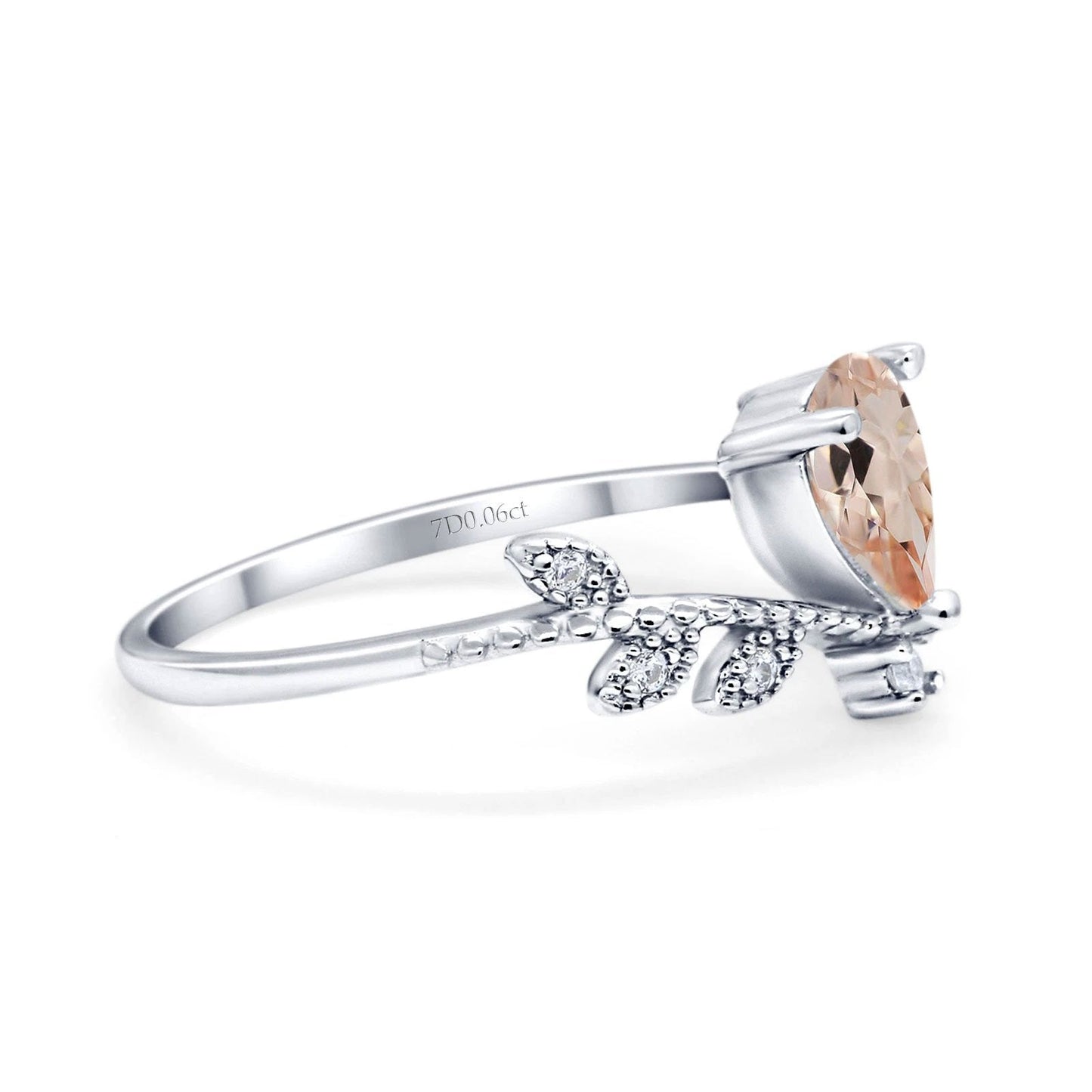 14K White Gold Pear Natural Morganite 0.77ct G SI Diamond Engagement Ring Size 6.5