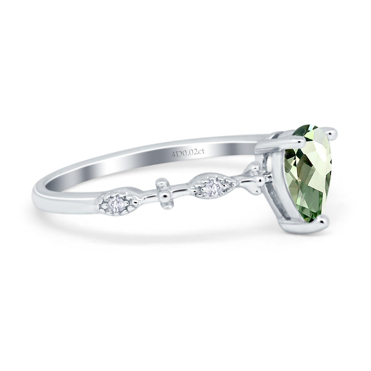 14K White Gold 0.73ct Teardrop Pear 7mmx5mm G SI Natural Green Amethyst Diamond Engagement Wedding Ring Size 6.5