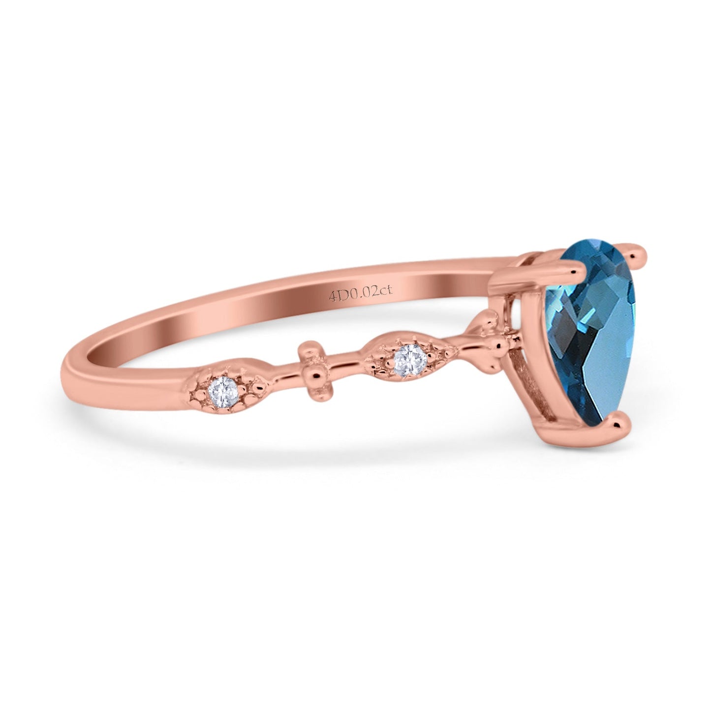 14K Rose Gold 0.73ct Teardrop Pear 7mmx5mm G SI London Blue Topaz Diamond Engagement Wedding Ring Size 6.5