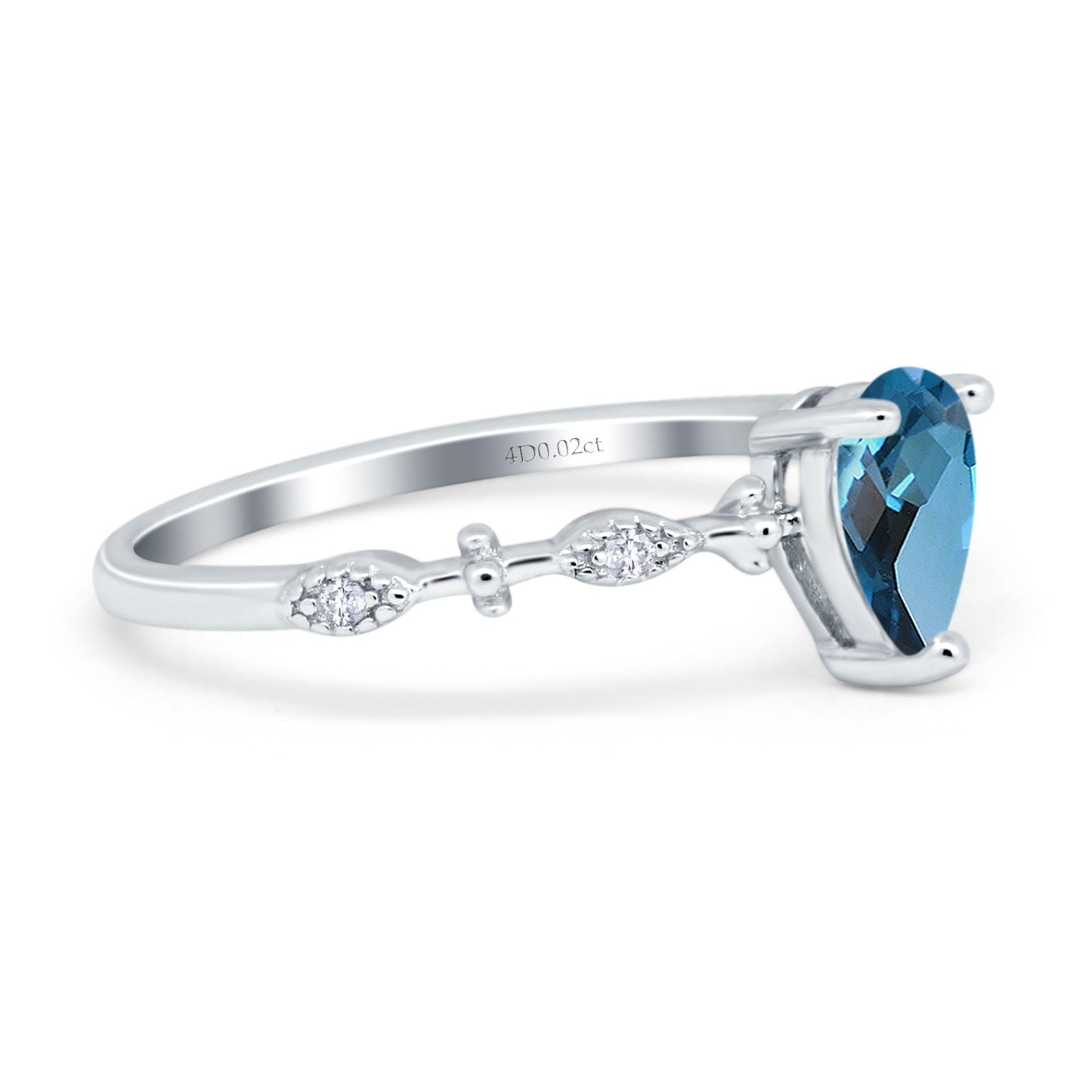 14K White Gold 0.73ct Teardrop Pear 7mmx5mm G SI London Blue Topaz Diamond Engagement Wedding Ring Size 6.5