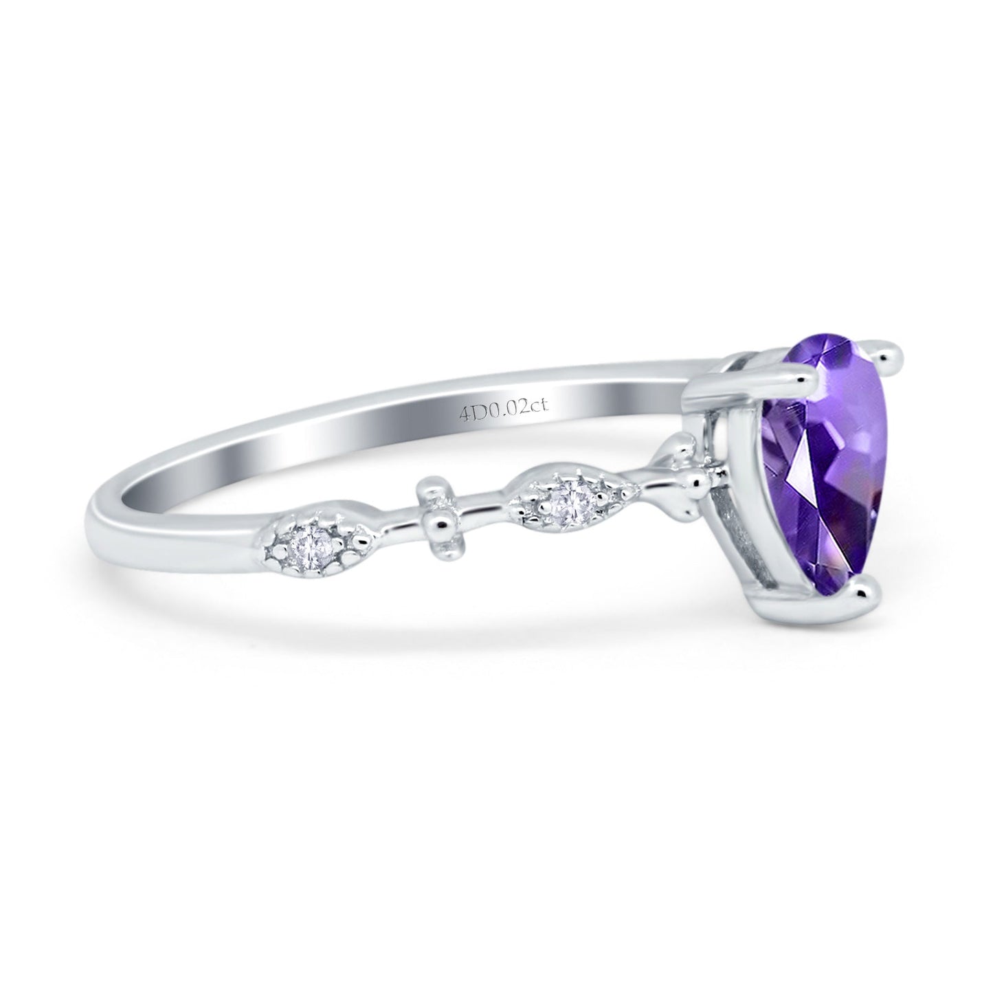 14K White Gold 0.73ct Teardrop Pear 7mmx5mm G SI Natural Amethyst Diamond Engagement Wedding Ring Size 6.5