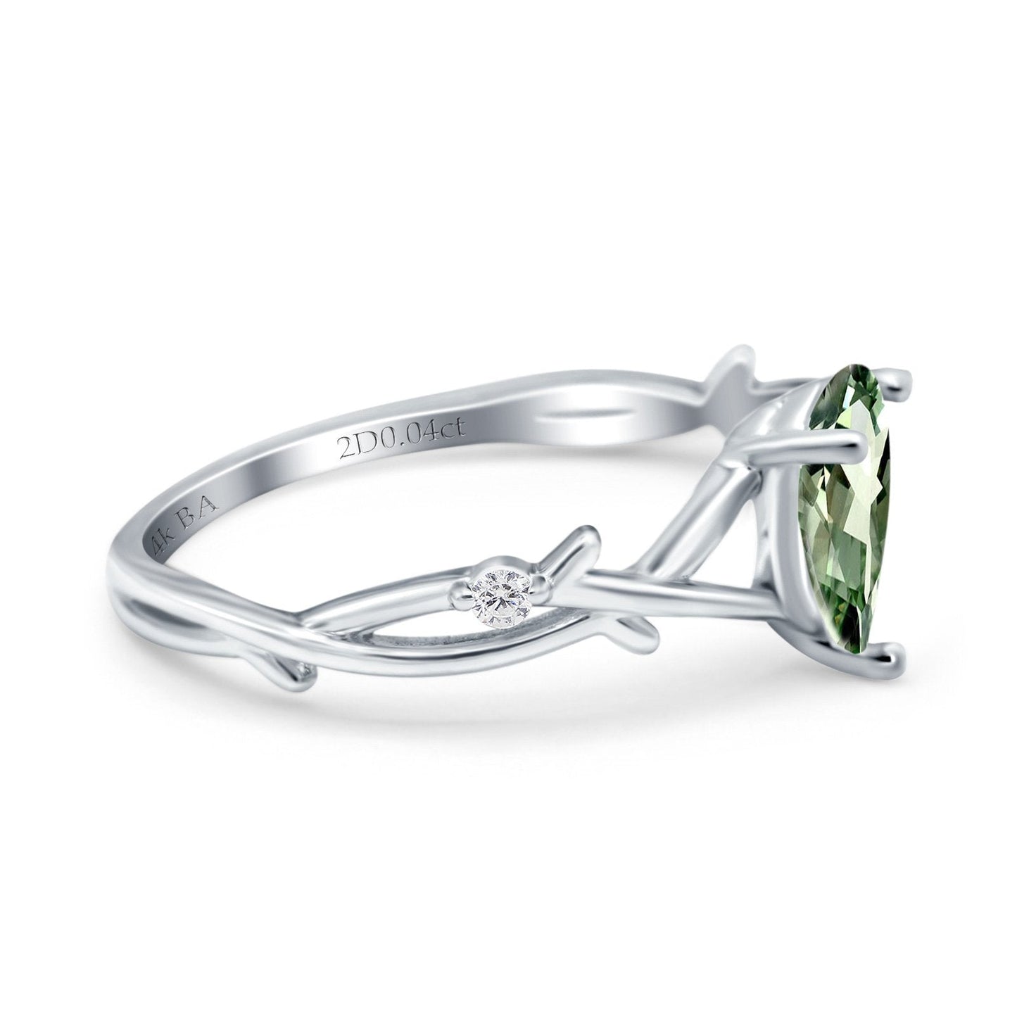 14K White Gold 0.75ct Natural Green Amethyst Pear G SI Diamond Engagement Ring Size 6.5