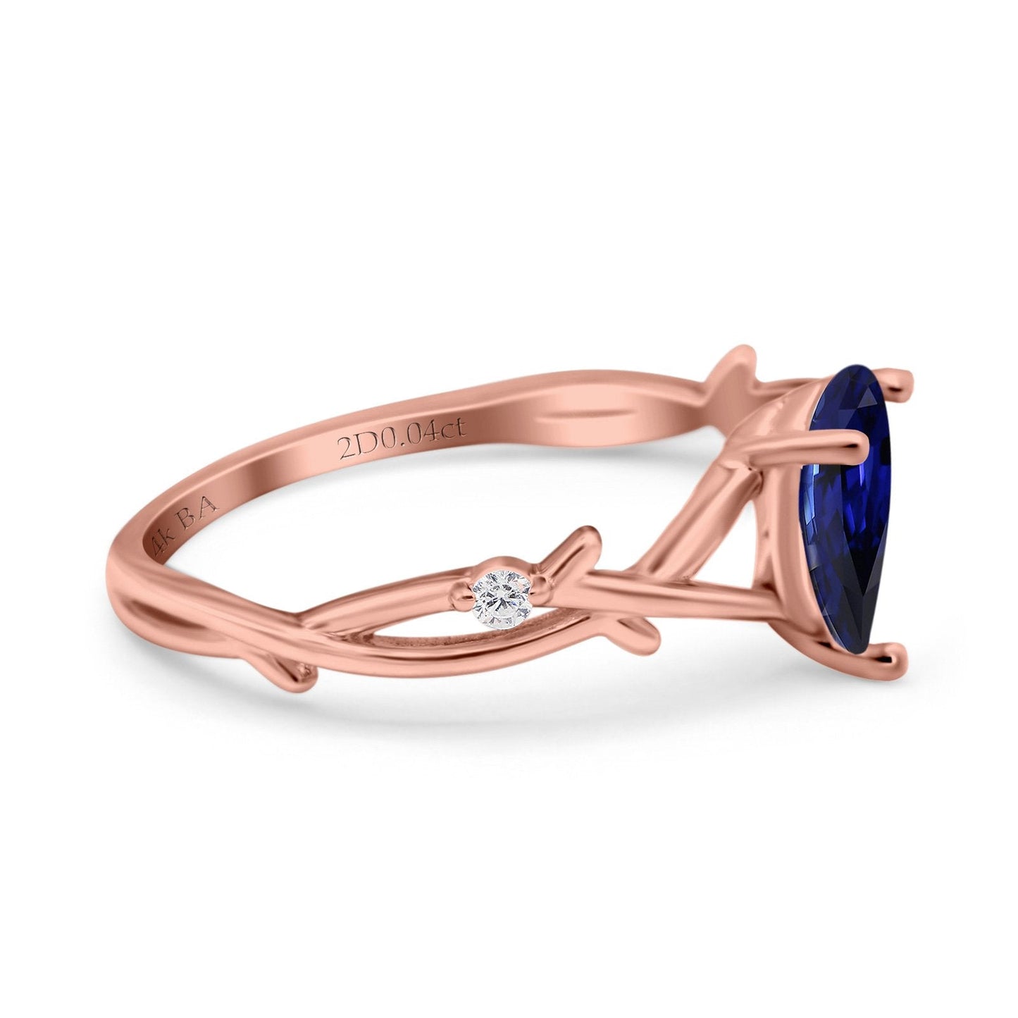 14K Rose Gold 0.75ct Nano Blue Sapphire Pear G SI Diamond Engagement Ring Size 6.5