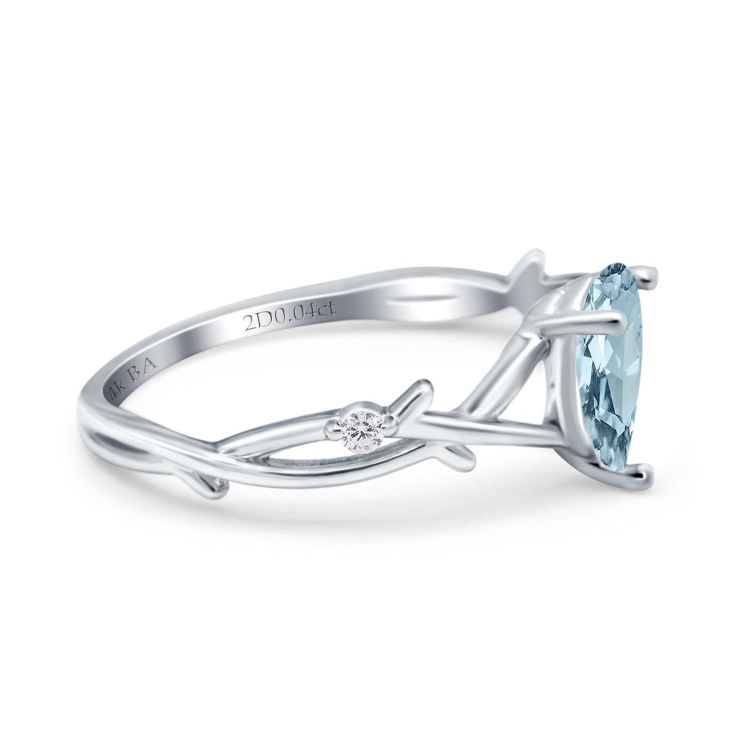 14K White Gold 0.75ct Natural Aquamarine Pear G SI Diamond Engagement Ring Size 6.5