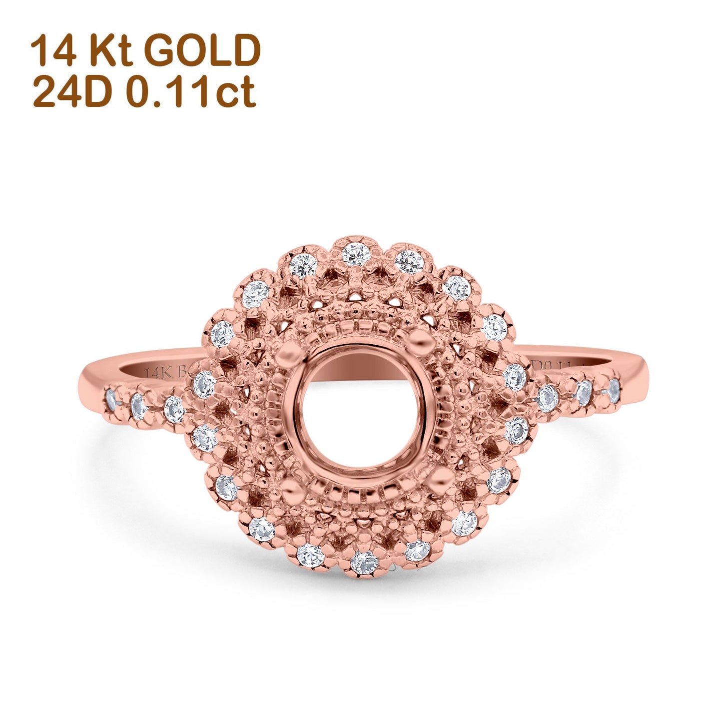 14K Rose Gold 0.11ct Halo Art Deco Round 5.5mm G SI Semi Mount Diamond Engagement Wedding Ring