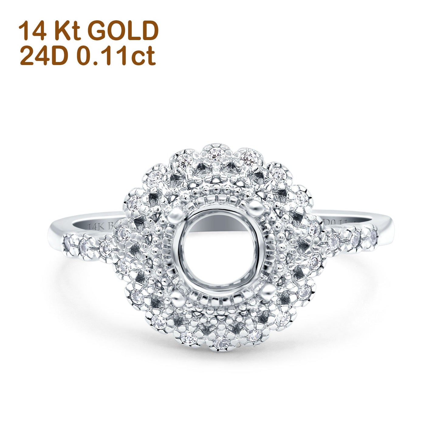 Anillo de compromiso de oro blanco de 14 quilates con diamantes semimontados de 0,11 ct y forma art déco, redondos, de 5,5 mm y G SI