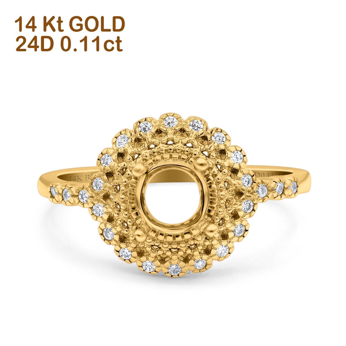 14K Yellow Gold 0.11ct Halo Art Deco Round 5.5mm G SI Semi Mount Diamond Engagement Wedding Ring