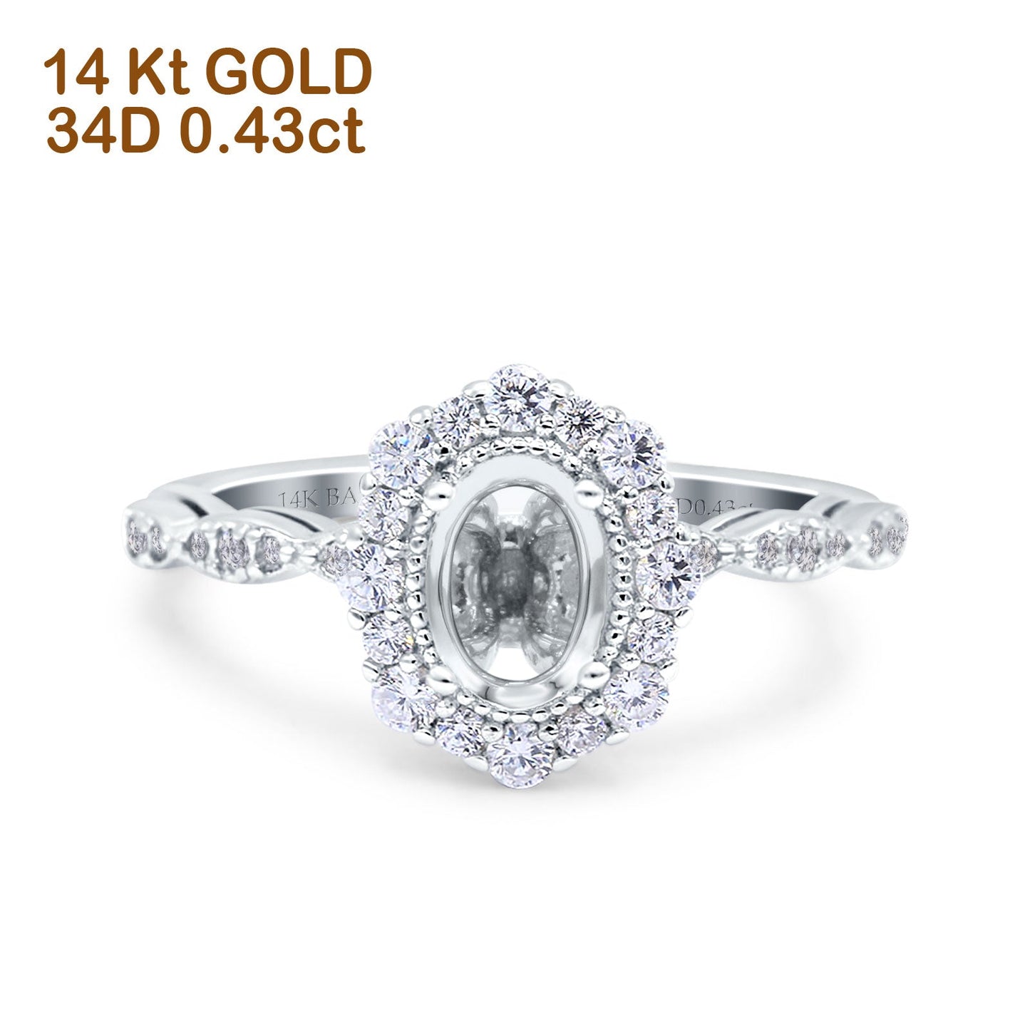 14K White Gold 0.43ct Vintage Art Deco Halo Oval 7mmx5mm G SI Semi Mount Diamond Engagement Wedding Ring