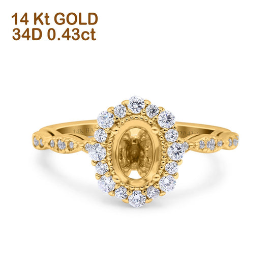 14K Yellow Gold 0.43ct Vintage Art Deco Halo Oval 7mmx5mm G SI Semi Mount Diamond Engagement Wedding Ring