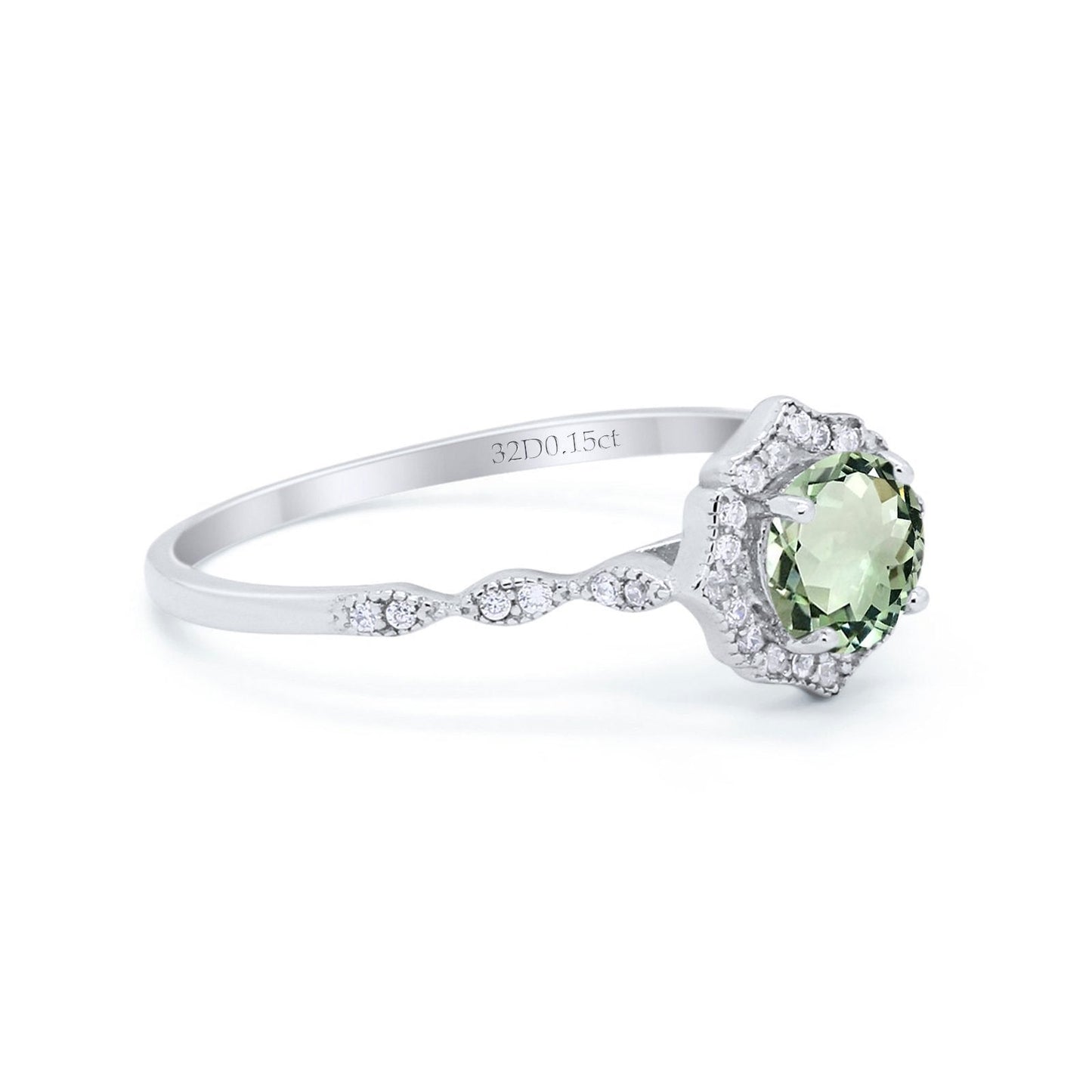 14K White Gold 0.99ct Round Petite Dainty 6mm G SI Natural Green Amethyst Diamond Engagement Wedding Ring Size 6.5