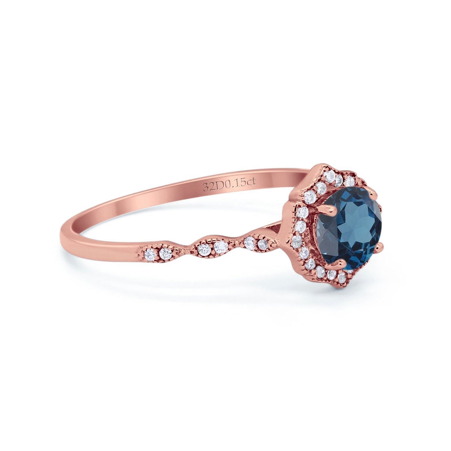 14K Rose Gold 0.99ct Round Petite Dainty 6mm G SI London Blue Topaz Diamond Engagement Wedding Ring Size 6.5