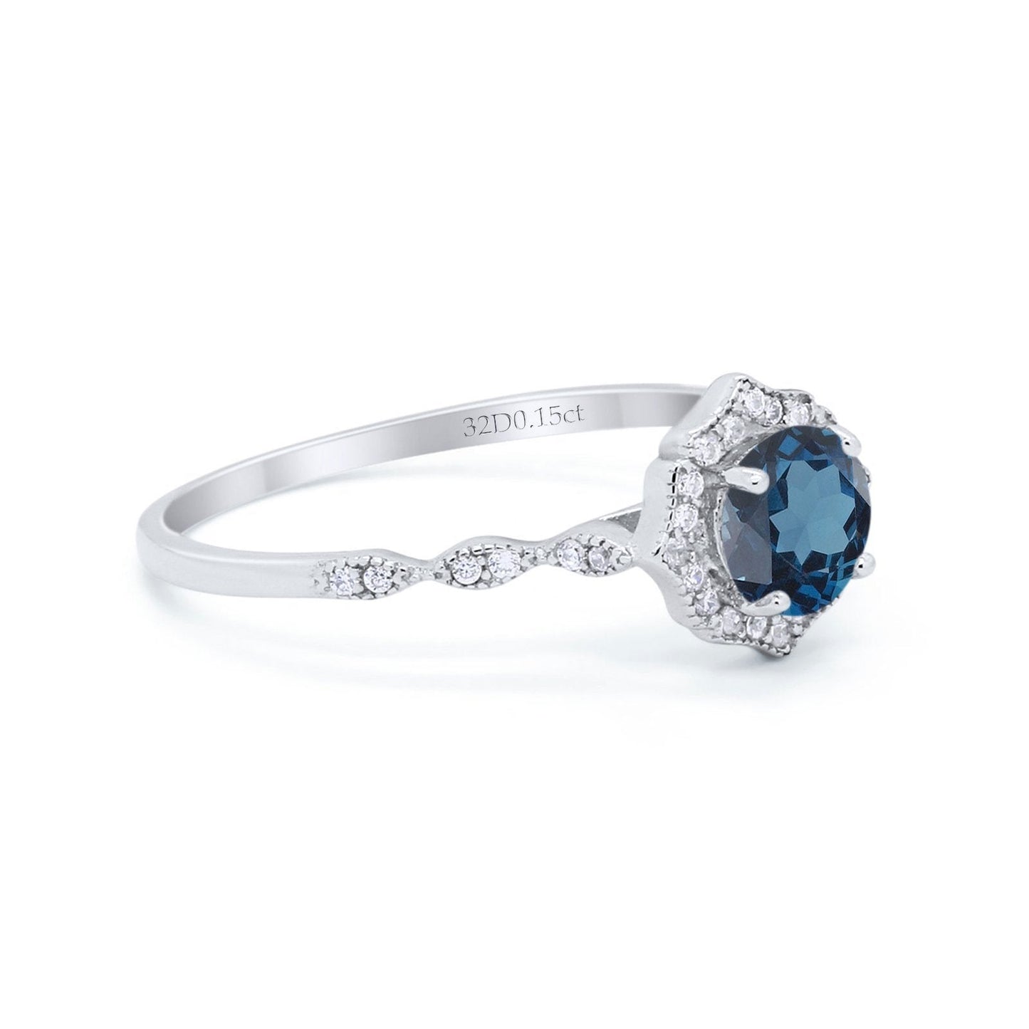 14K White Gold 0.99ct Round Petite Dainty 6mm G SI London Blue Topaz Diamond Engagement Wedding Ring Size 6.5