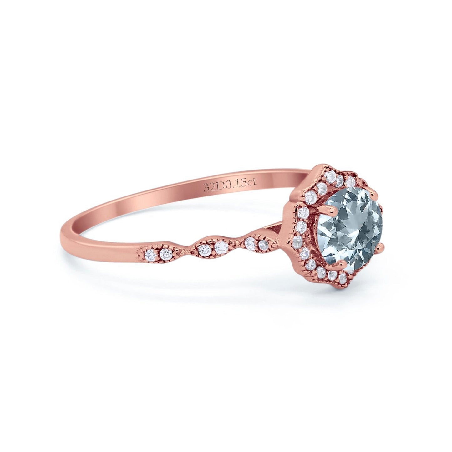 14K Rose Gold 0.99ct Round Petite Dainty 6mm G SI Natural Aquamarine Diamond Engagement Wedding Ring Size 6.5