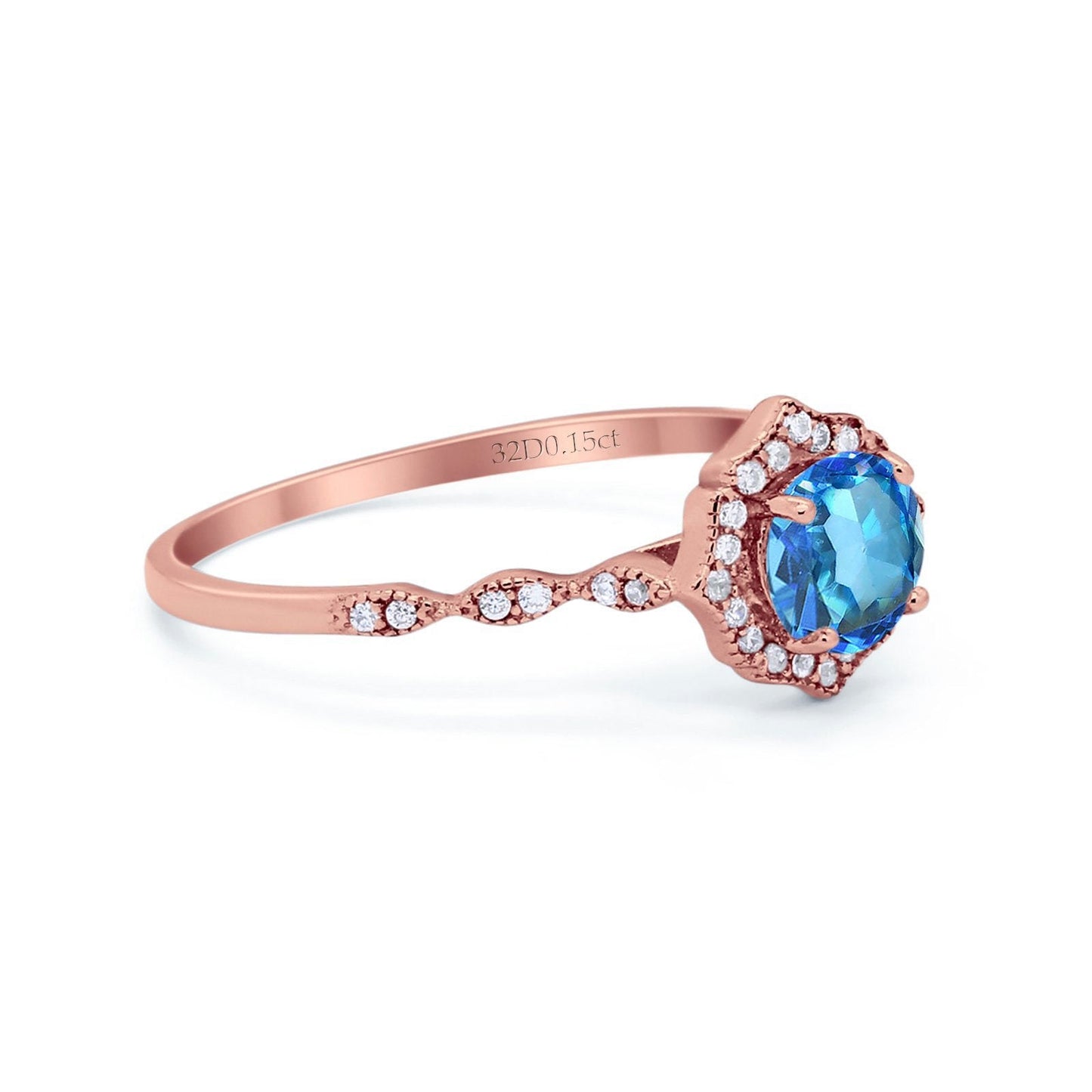 14K Rose Gold 0.99ct Round Petite Dainty 6mm G SI Natural Blue Topaz Diamond Engagement Wedding Ring Size 6.5