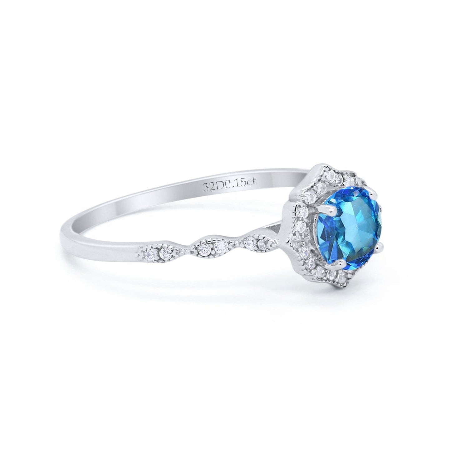 14K White Gold 0.99ct Round Petite Dainty 6mm G SI Natural Blue Topaz Diamond Engagement Wedding Ring Size 6.5