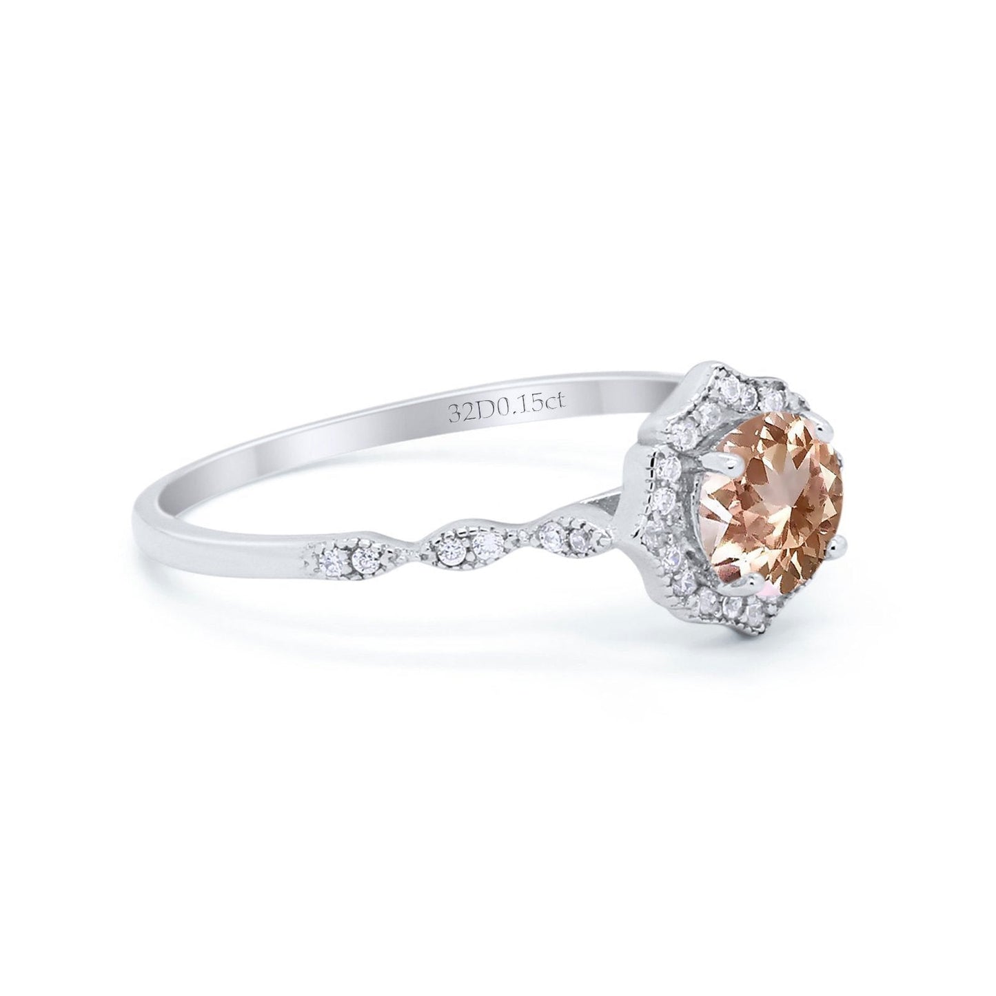 14K White Gold 0.99ct Round Petite Dainty 6mm G SI Natural Morganite Diamond Engagement Wedding Ring Size 6.5