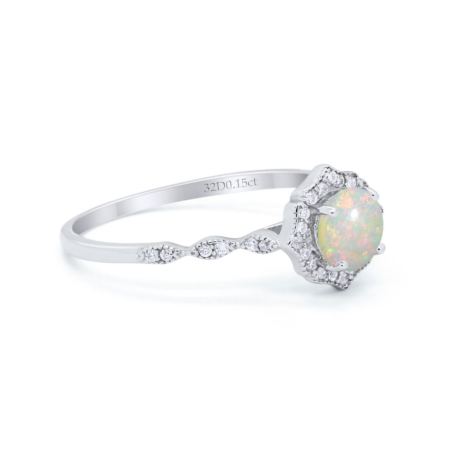 14K White Gold 0.15ct Round Petite Dainty 6mm G SI Natural White Opal Diamond Engagement Wedding Ring Size 6.5