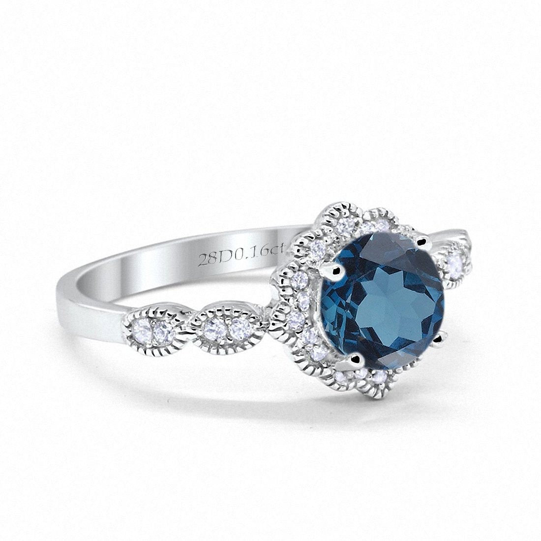 14K White Gold Round London Blue Topaz 1.44ct G SI Diamond Engagement Ring Size 6.5