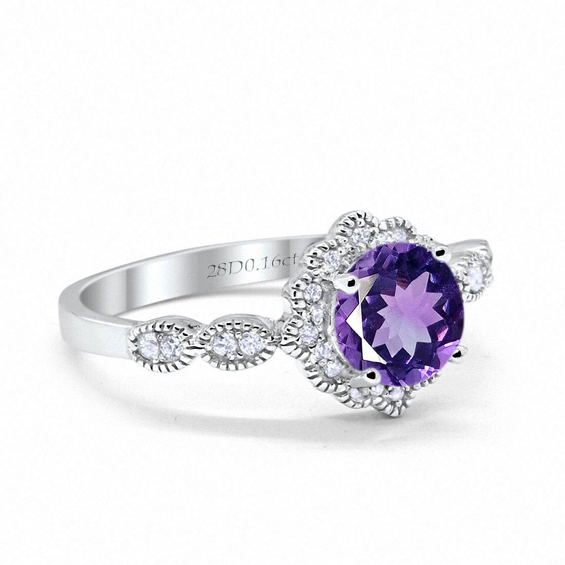 14K White Gold Round Natural Amethyst 1.44ct G SI Diamond Engagement Ring Size 6.5