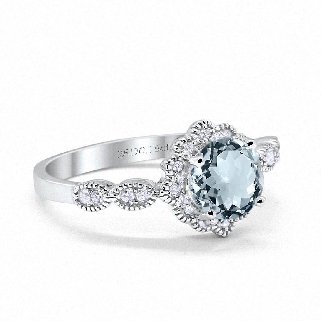 14K White Gold Round Natural Aquamarine 1.44ct G SI Diamond Engagement Ring Size 6.5