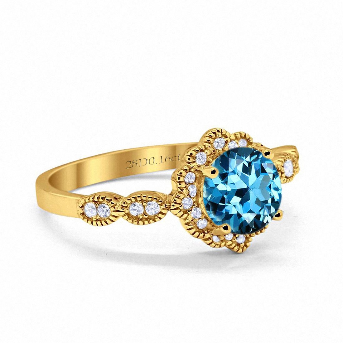 Bague de fiançailles en or jaune 14 carats avec topaze bleue suisse naturelle ronde de 1,44 ct G SI et diamant, taille 6,5