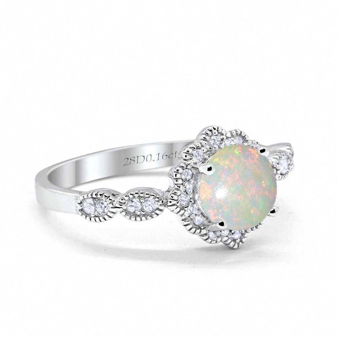 14K White Gold Round Natural White Opal 0.16ct G SI Diamond Engagement Ring Size 6.5