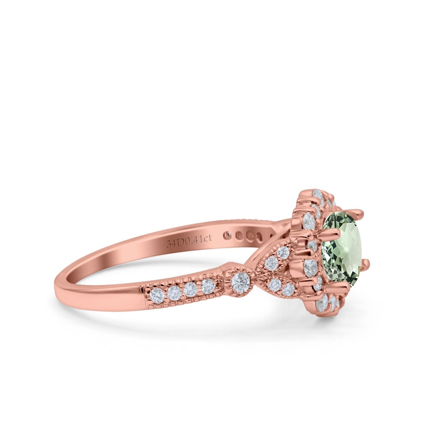 14K Rose Gold 1.25ct Floral Art Deco Round 6mm G SI Natural Green Amethyst Diamond Engagement Wedding Ring Size 6.5