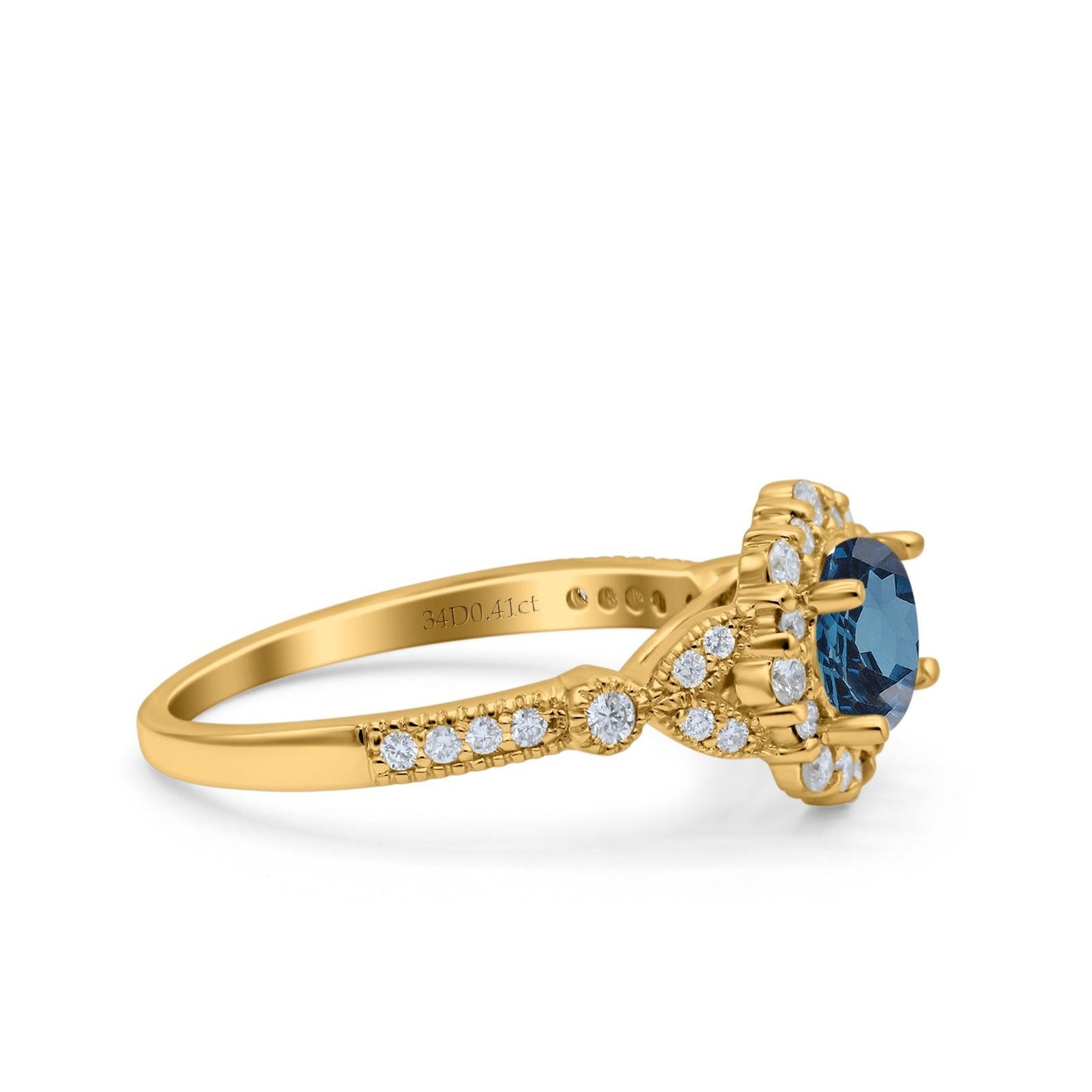 14K Yellow Gold 1.25ct Floral Art Deco Round 6mm G SI London Blue Topaz Diamond Engagement Wedding Ring Size 6.5