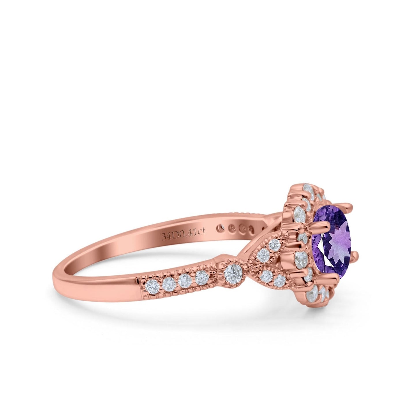 14K Rose Gold 1.25ct Floral Art Deco Round 6mm G SI Natural Amethyst Diamond Engagement Wedding Ring Size 6.5