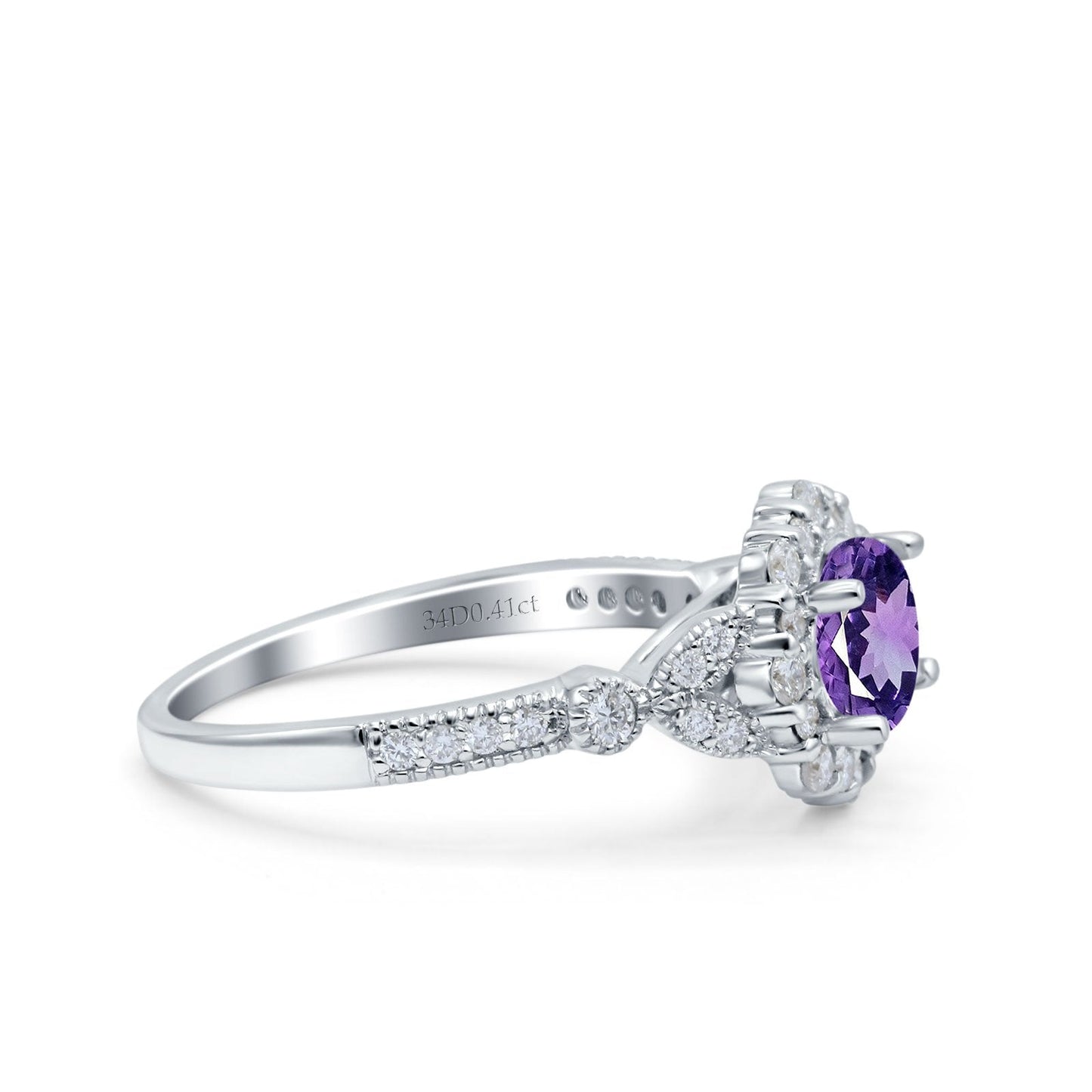 14K White Gold 1.25ct Floral Art Deco Round 6mm G SI Natural Amethyst Diamond Engagement Wedding Ring Size 6.5