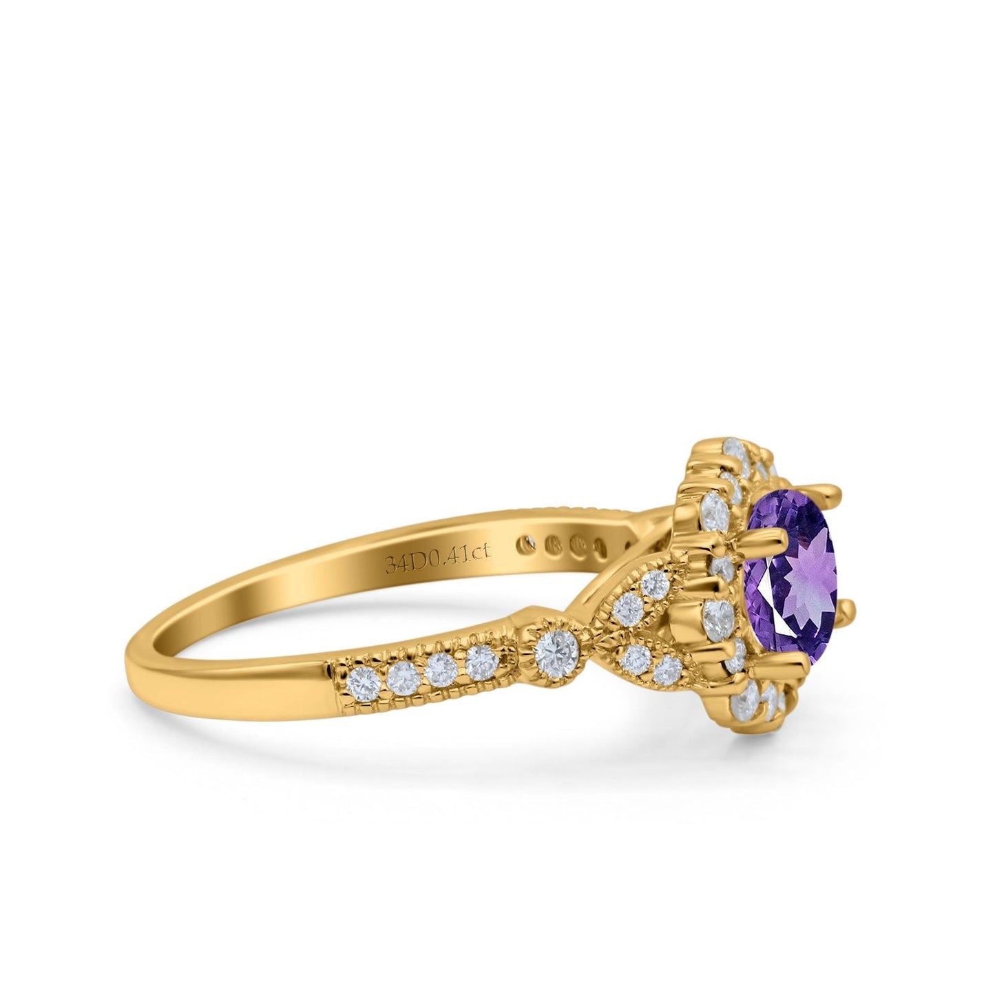 14K Yellow Gold 1.25ct Floral Art Deco Round 6mm G SI Natural Amethyst Diamond Engagement Wedding Ring Size 6.5