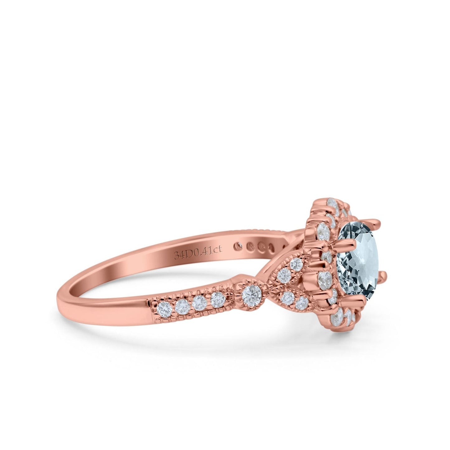 14K Rose Gold 1.25ct Floral Art Deco Round 6mm G SI Natural Aquamarine Diamond Engagement Wedding Ring Size 6.5