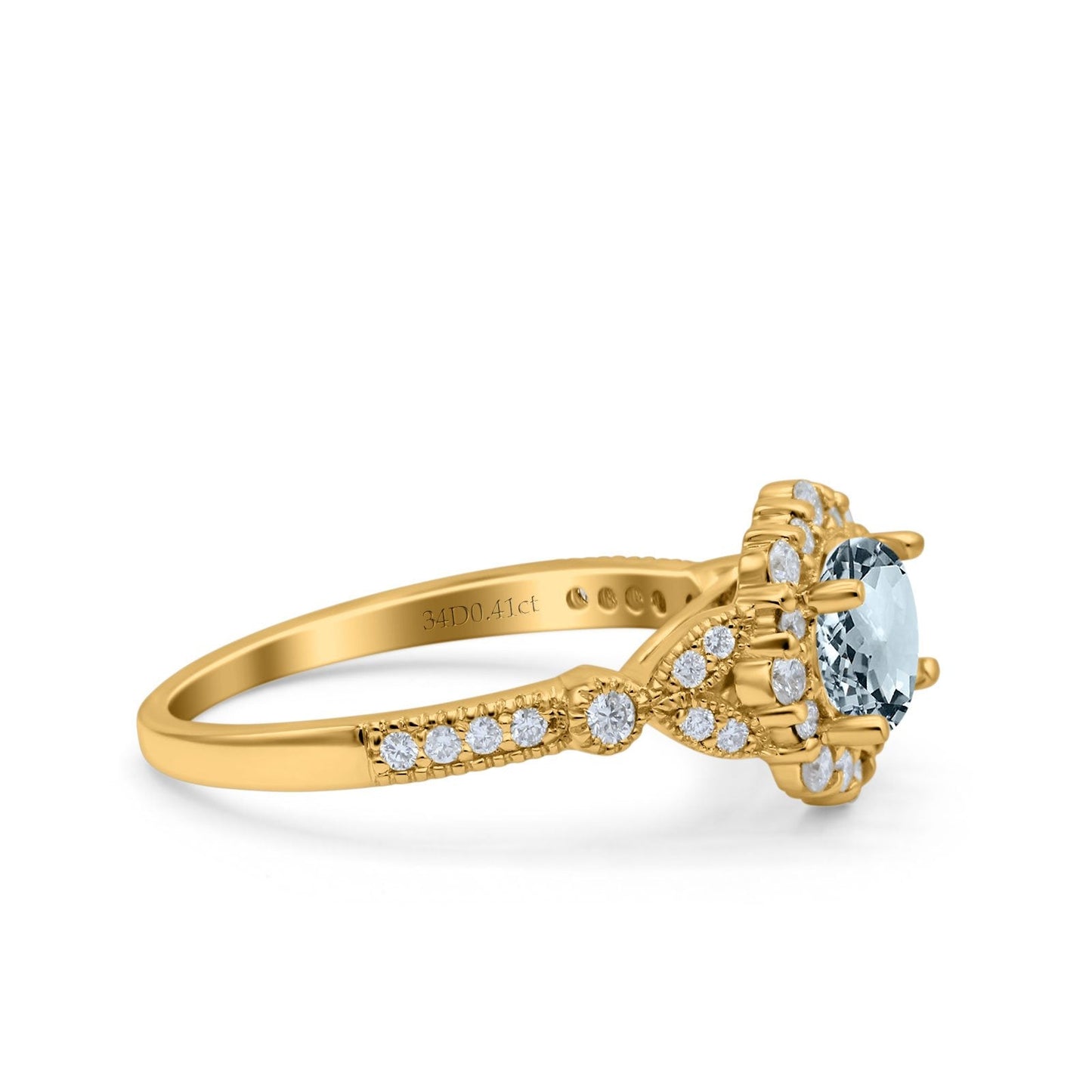 14K Yellow Gold 1.25ct Floral Art Deco Round 6mm G SI Natural Aquamarine Diamond Engagement Wedding Ring Size 6.5