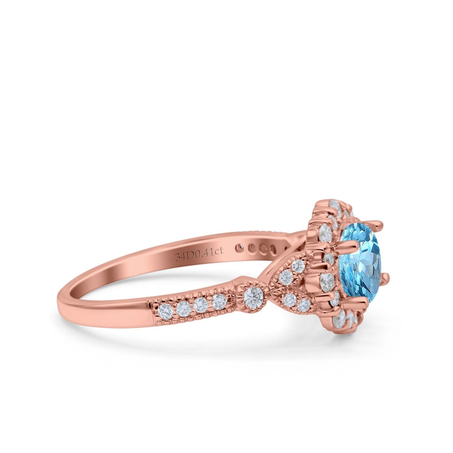 14K Rose Gold 1.25ct Floral Art Deco Round 6mm G SI Natural Blue Topaz Diamond Engagement Wedding Ring Size 6.5