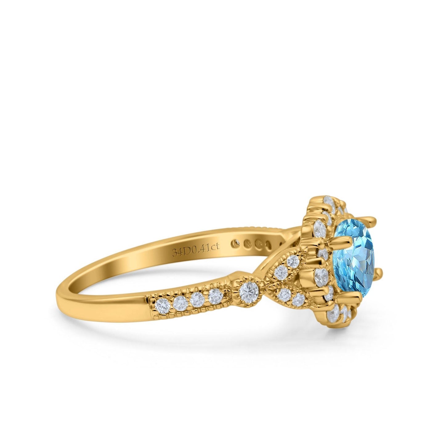 14K Yellow Gold 1.25ct Floral Art Deco Round 6mm G SI Natural Blue Topaz Diamond Engagement Wedding Ring Size 6.5