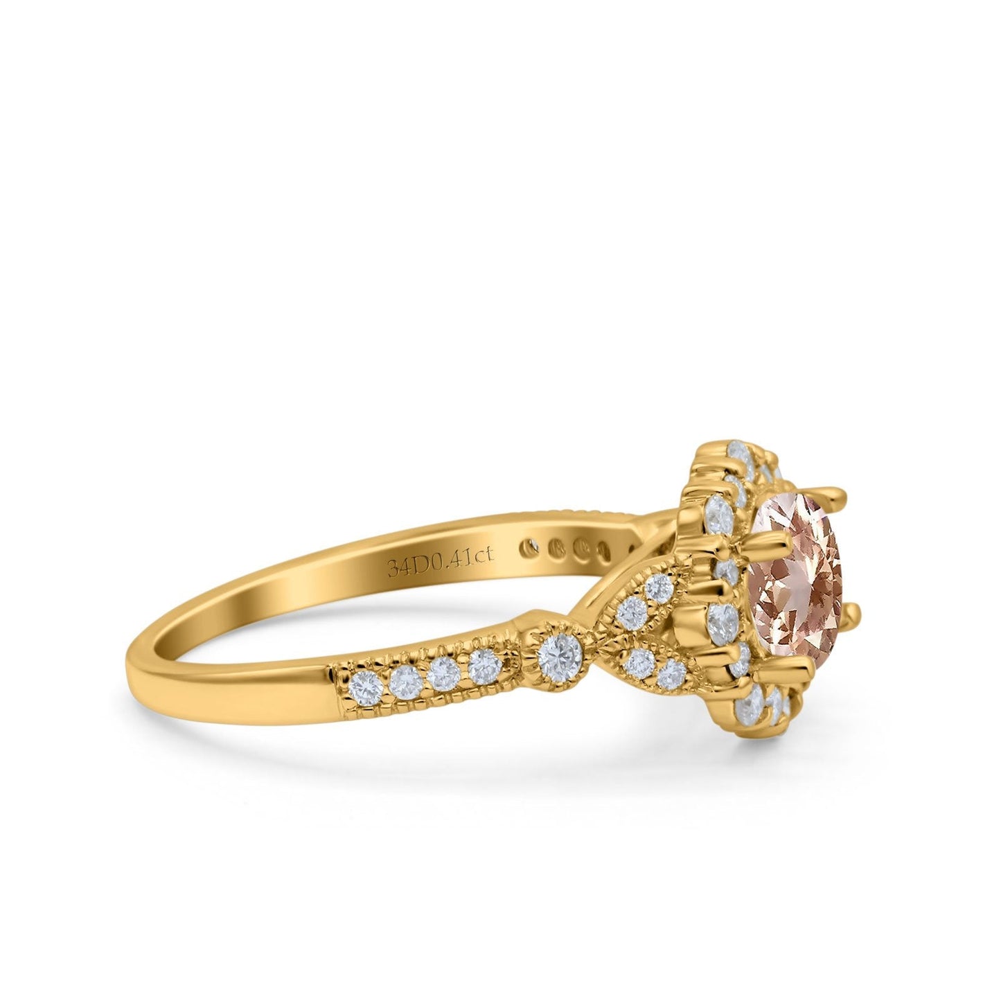 14K Yellow Gold 1.25ct Floral Art Deco Round 6mm G SI Natural Morganite Diamond Engagement Wedding Ring Size 6.5