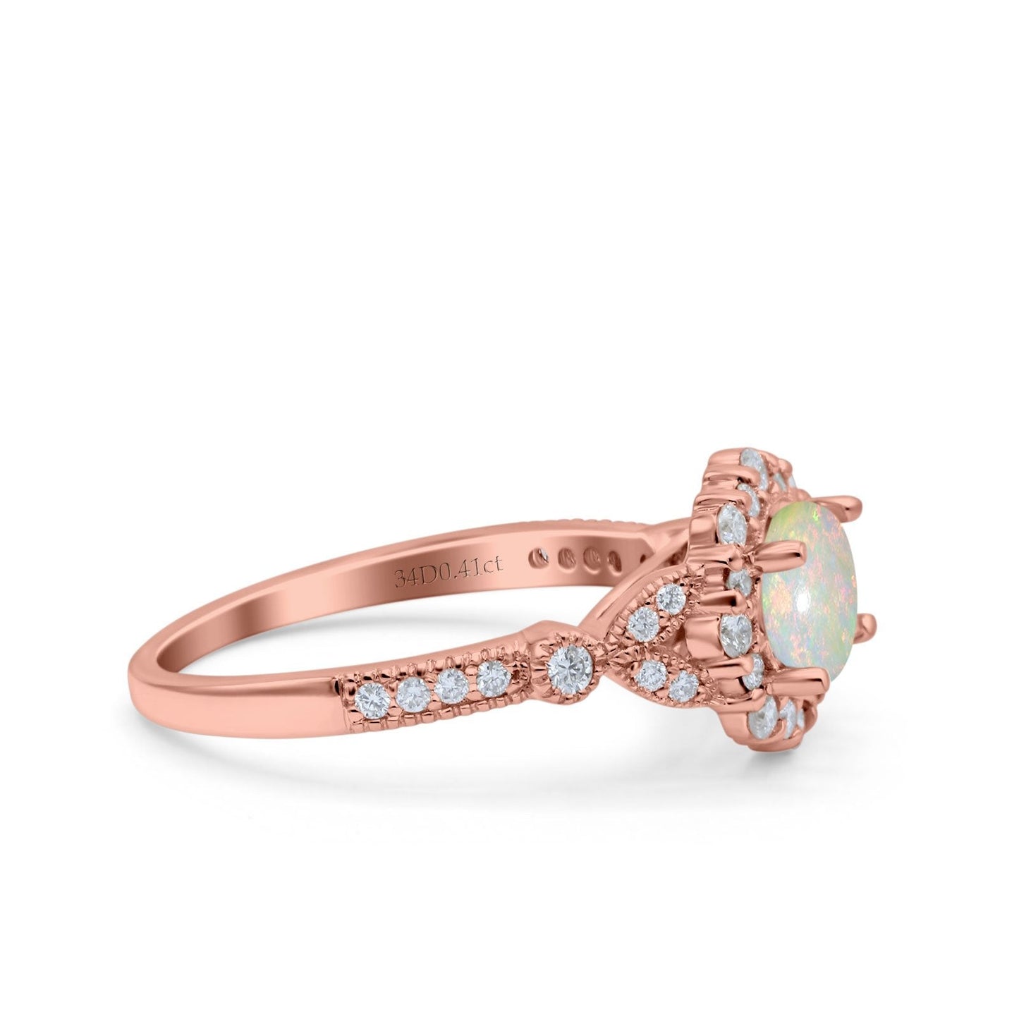 14K Rose Gold 0.41ct Floral Art Deco Round 6mm G SI Natural White Opal Diamond Engagement Wedding Ring Size 6.5