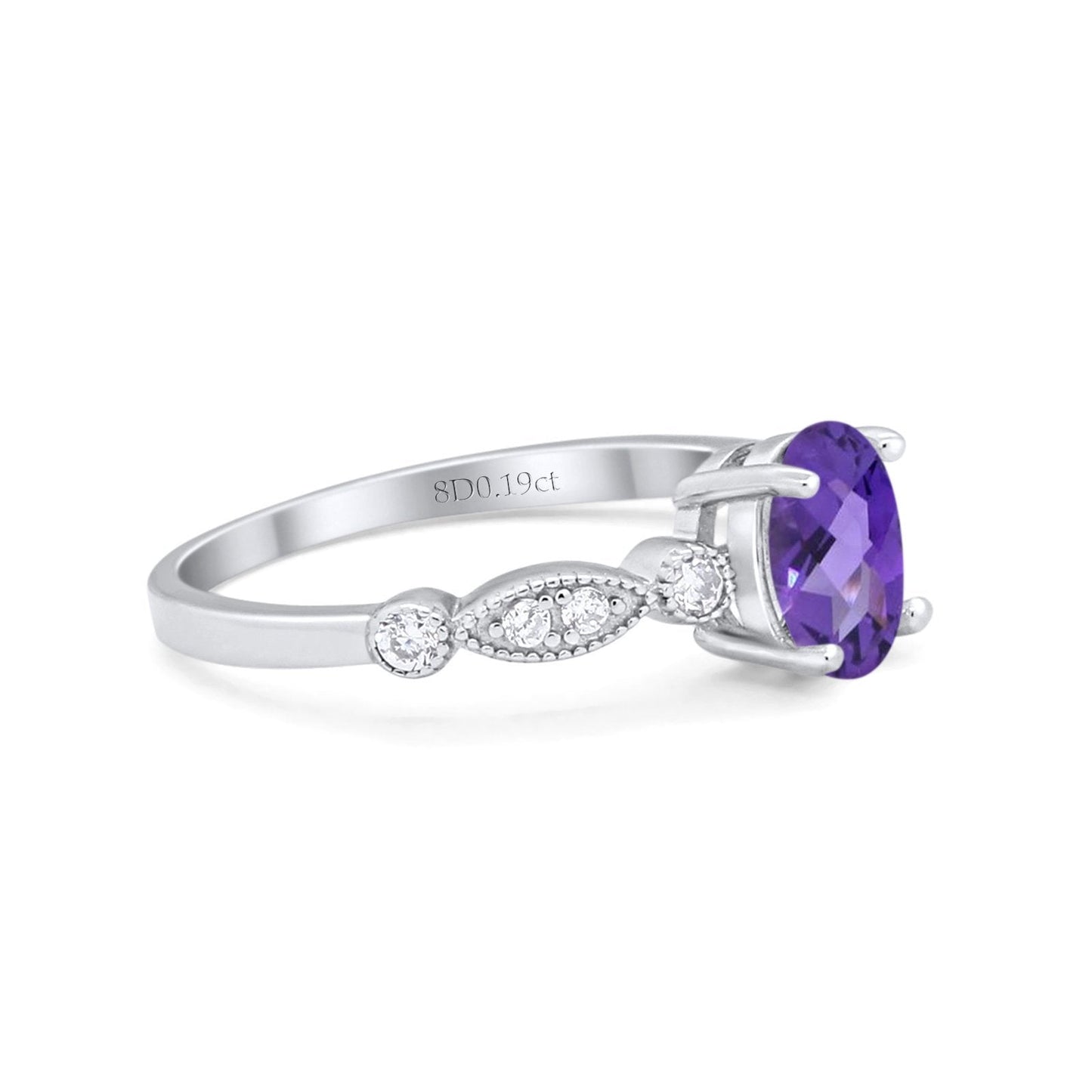 14K White Gold 1.4ct Oval Vintage Style 8mmx6mm G SI Natural Amethyst Diamond Engagement Wedding Ring Size 6.5