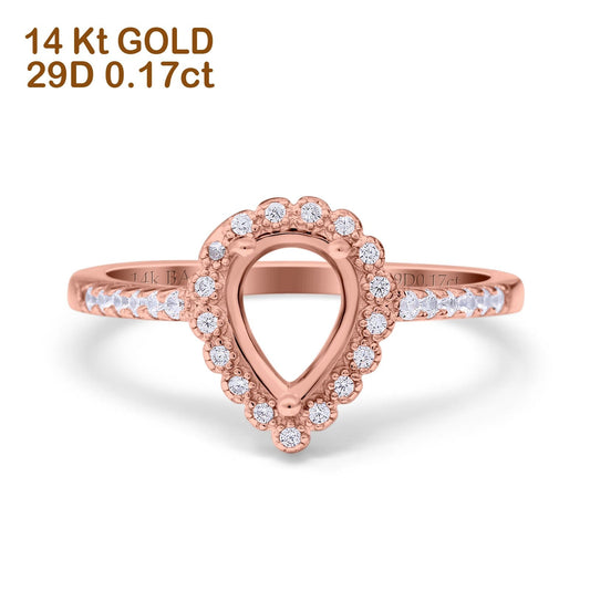 14K Rose Gold 0.17ct Teardrop Pear Halo 8mmx6mm G SI Semi Mount Diamond Engagement Wedding Ring Size 6.5