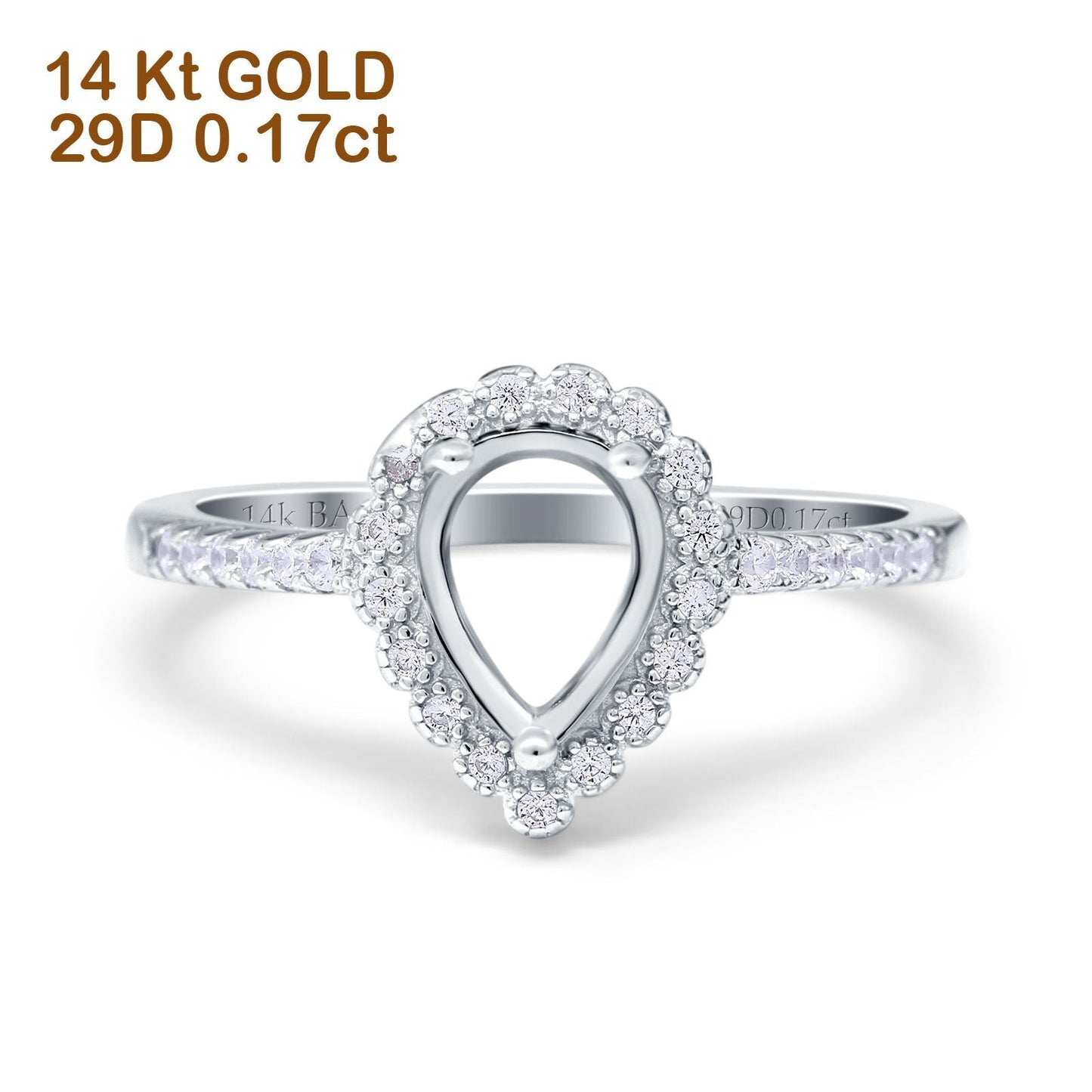 Anillo de compromiso de oro blanco de 14 quilates con halo de pera en forma de lágrima de 0,17 ct, 8 mm x 6 mm, G SI, con diamantes semimontados, tamaño 6,5